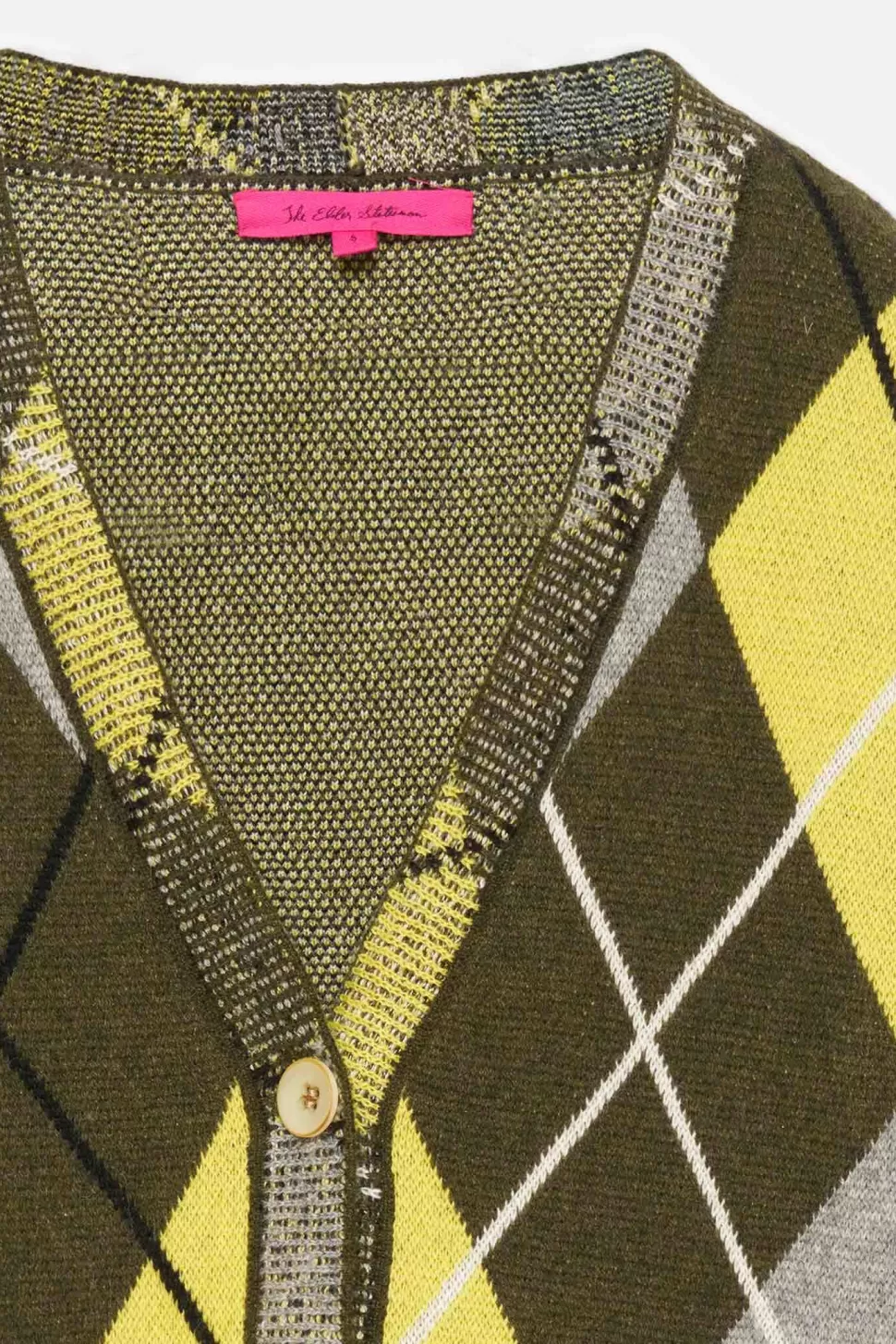 The Elder Statesman Argyle Women's Cardigan Olive&Yellow Best Sale