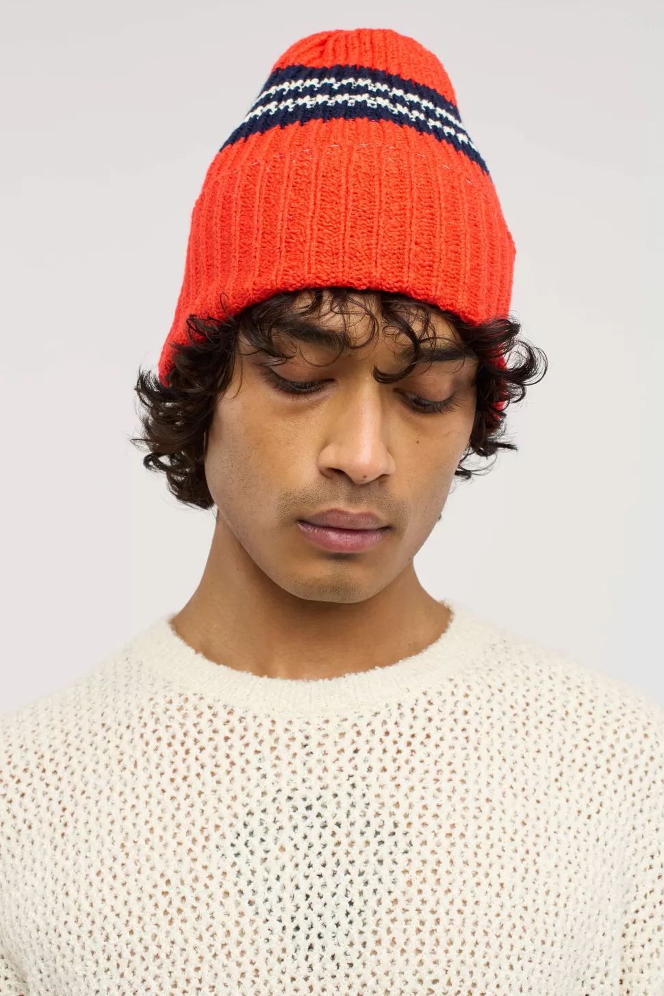 The Elder Statesman Nora Rollie Stripe Beanie NeonRed/Black/Natural Online