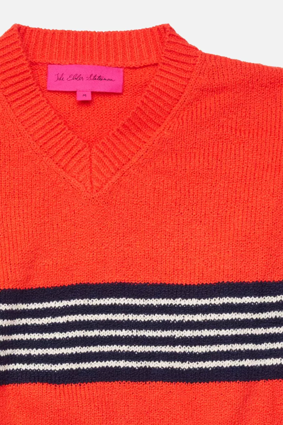 The Elder Statesman Nora Rollie Stripe V-Neck NeonRed/Black/Natural Store